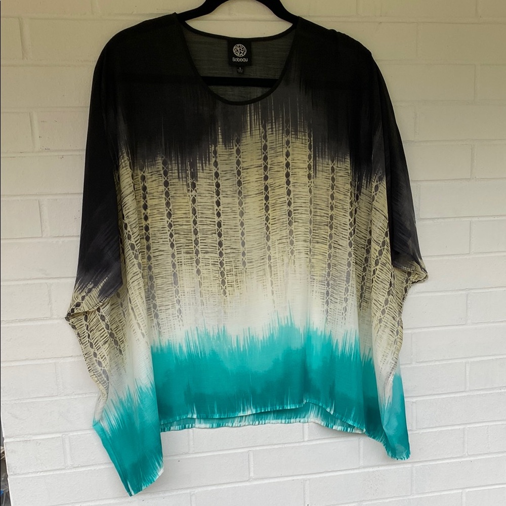 NWOT BOBEAU Chic Sheer Poncho Tunic Gradient Design Black, Cream & Teal Size S